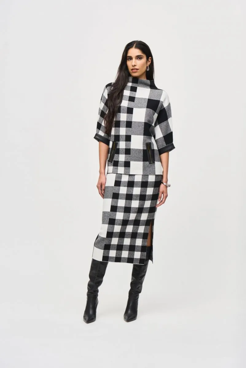 Joseph Ribkoff Black/Vanilla Check Jacquard Knit Pull On Midi Skirt 243947