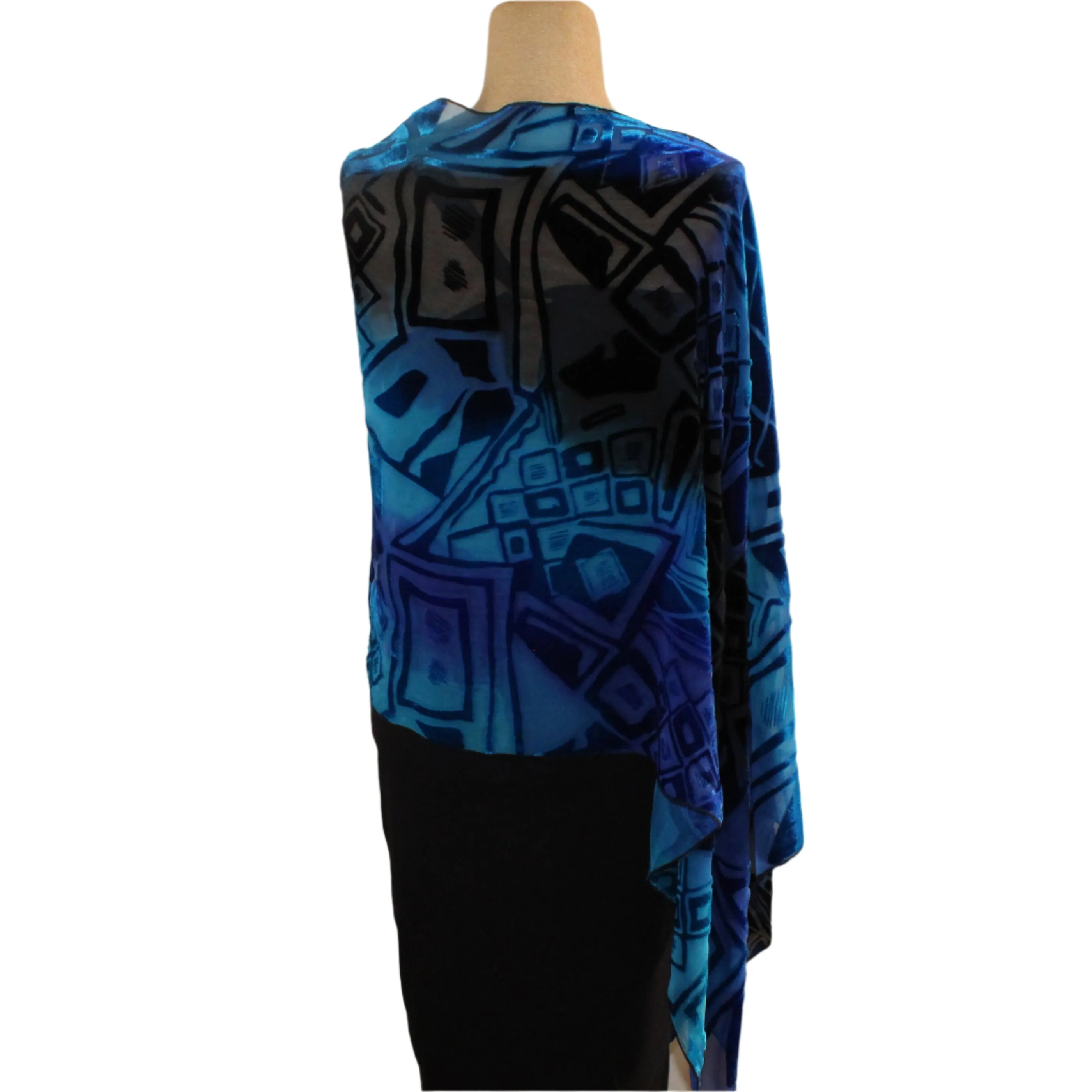 Kay Chapman Poncho, Cut Velvet, Blocks, Royal/Turquoise/Black, OS