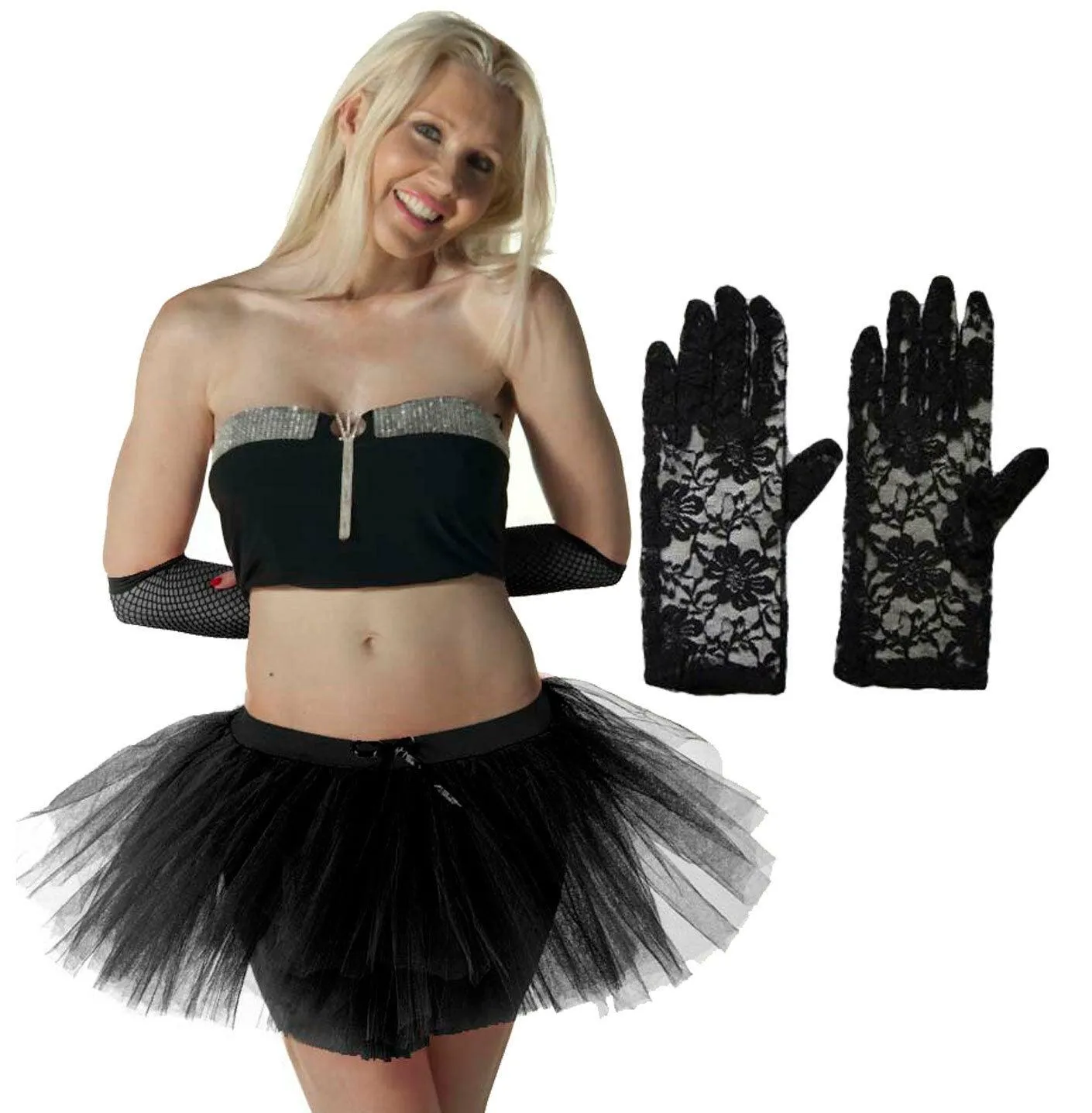 Ladies Black 3 Layer Tutu Skirt Lace Gloves Dancewear 1980’s Fancy Dress Costume