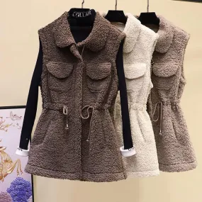 Lambswool Waistcoat Women Autumn Winter New Fur One-piece Vest Waistcoat Outer Wear Lamb Long Velvet Vest Jacket