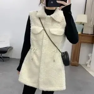 Lambswool Waistcoat Women Autumn Winter New Fur One-piece Vest Waistcoat Outer Wear Lamb Long Velvet Vest Jacket