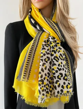 LARGE YELLOW TIGER AND LEOPARD PRINT SHAWL SCARF