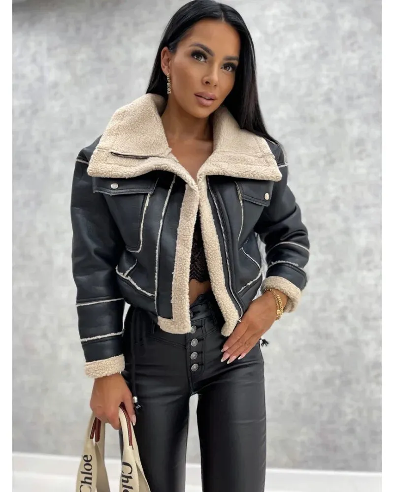 Leather Jackets Women Short Thick Warm Outwear Female Lapel Velvet Coat New Year Winter Tops