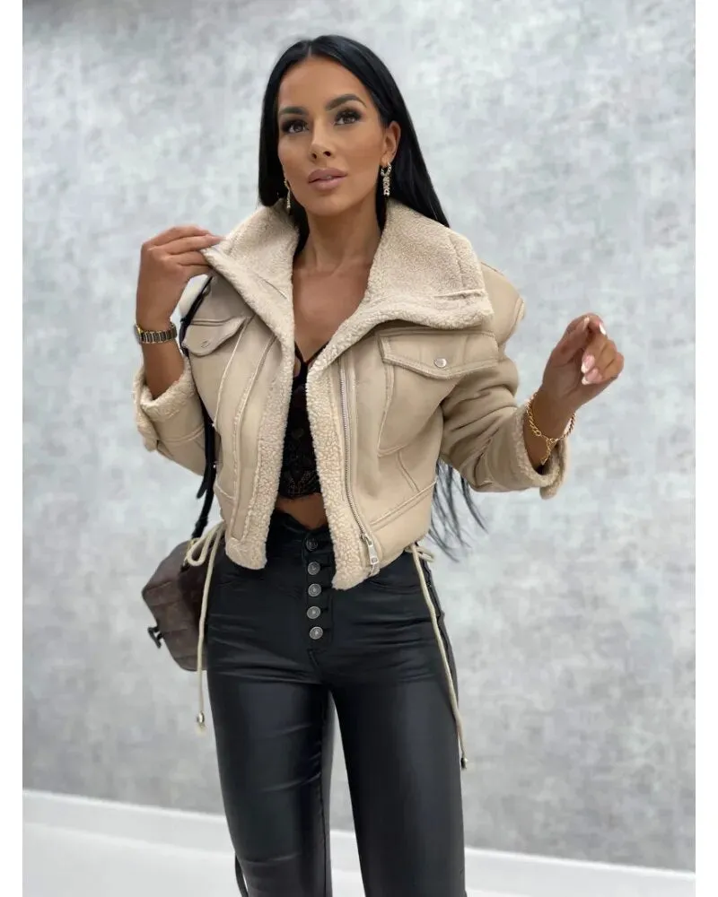 Leather Jackets Women Short Thick Warm Outwear Female Lapel Velvet Coat New Year Winter Tops