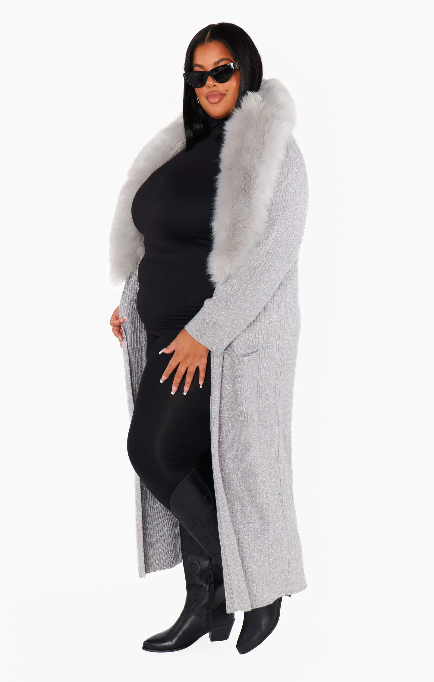 Lombardi Long Cardi ~ Silver Rib Knit with Faux Fur