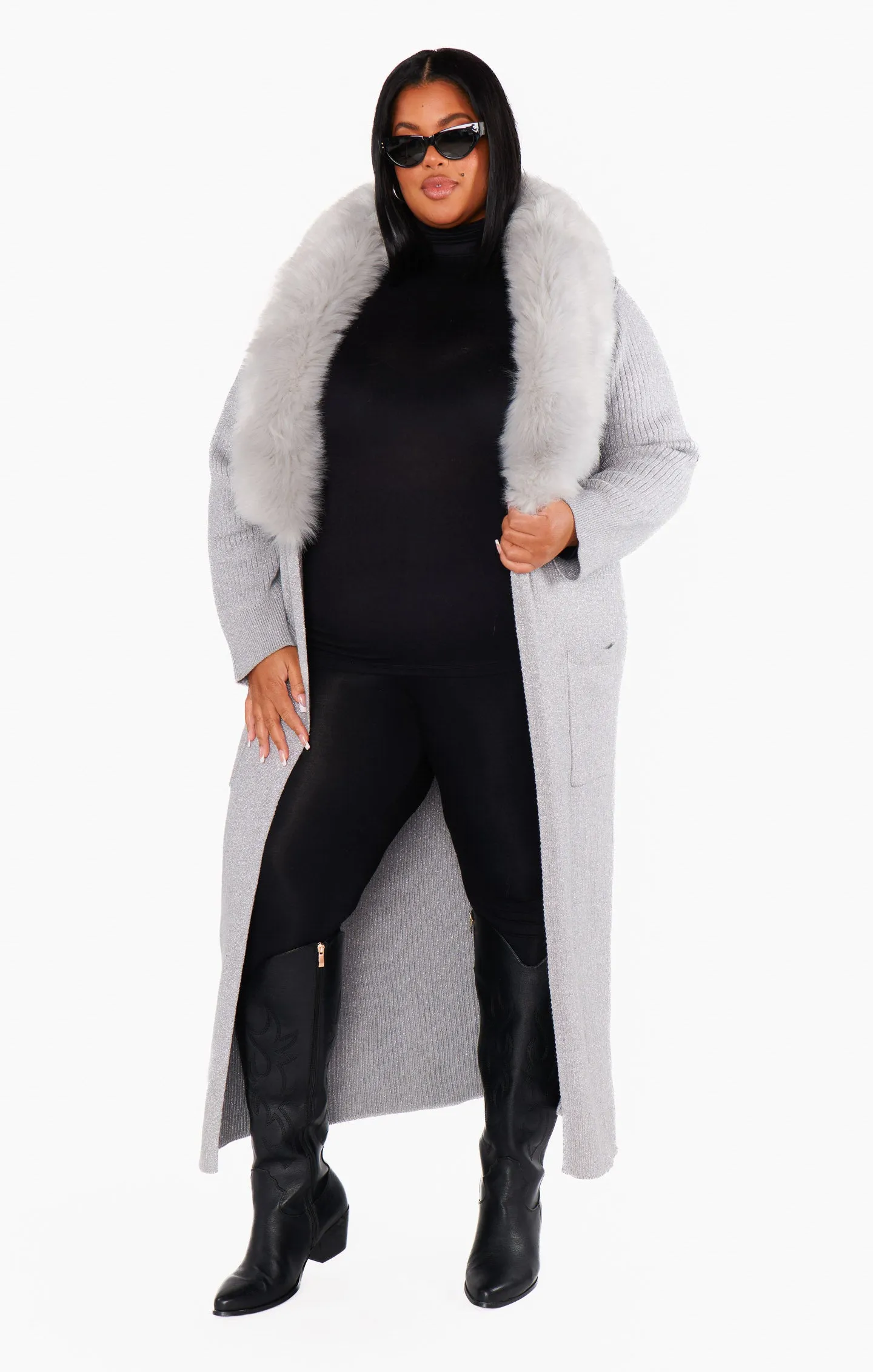 Lombardi Long Cardi ~ Silver Rib Knit with Faux Fur