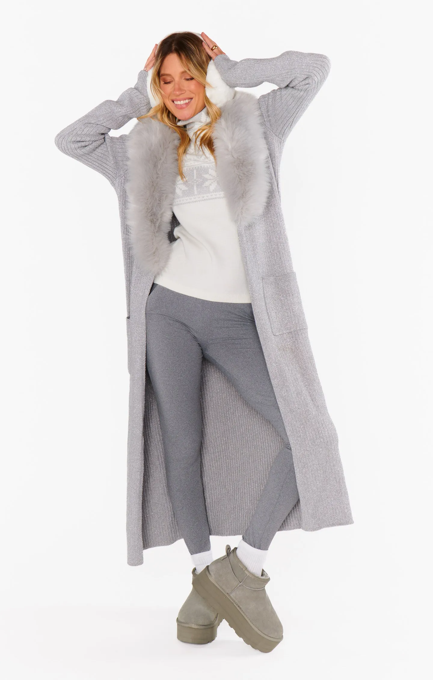 Lombardi Long Cardi ~ Silver Rib Knit with Faux Fur