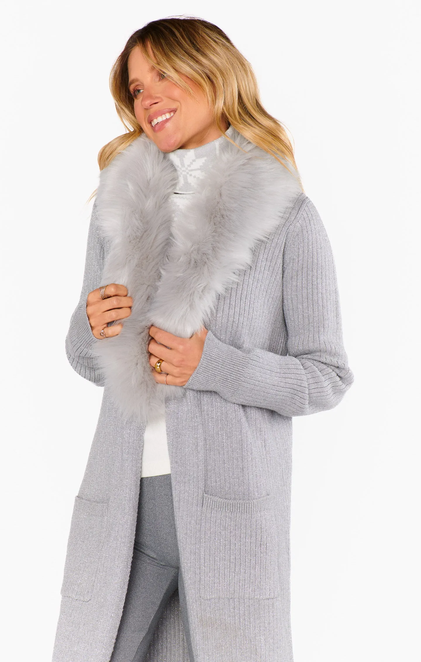 Lombardi Long Cardi ~ Silver Rib Knit with Faux Fur