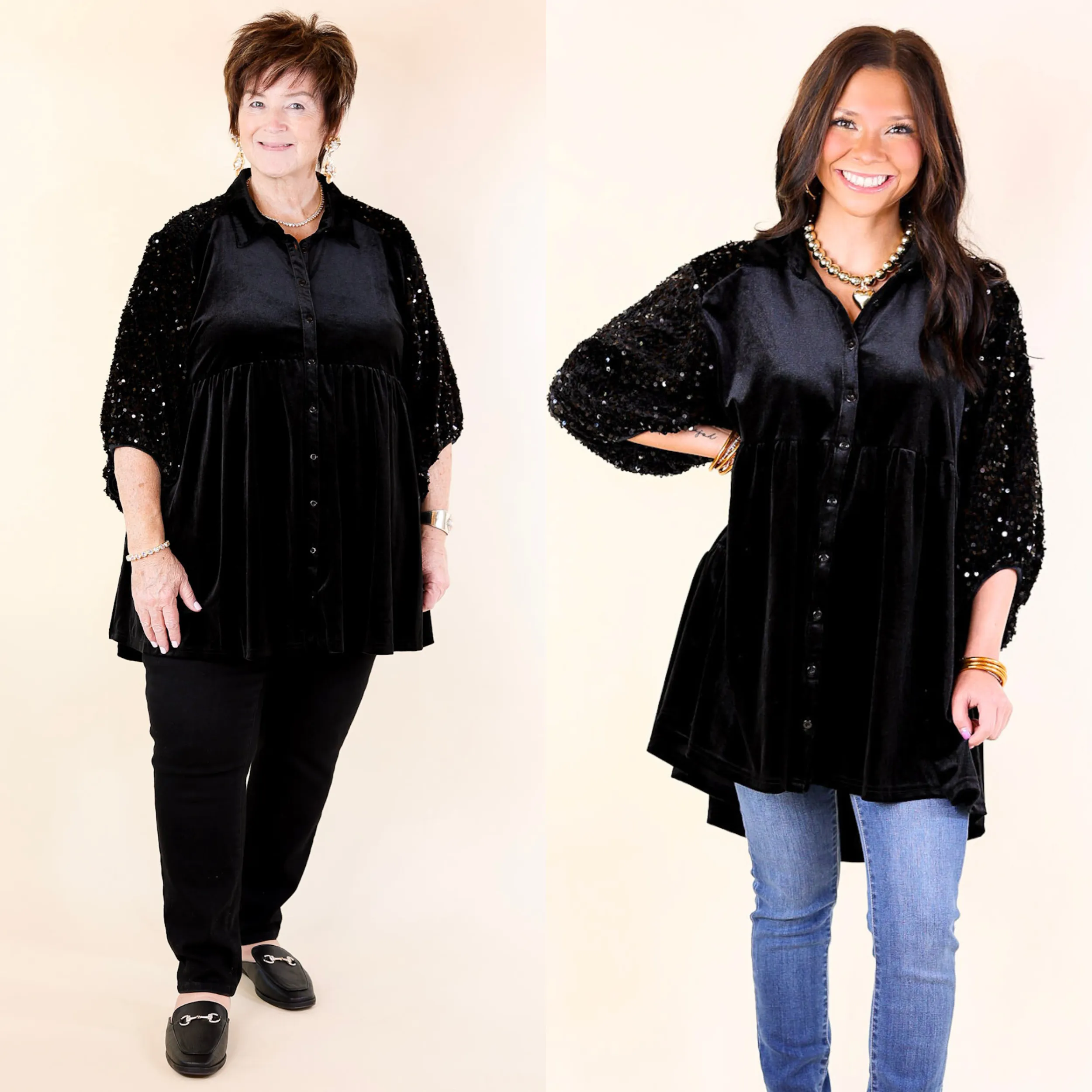 Love Link Button Up Velvet and Sequin Half Sleeve Babydoll Tunic Top in Black