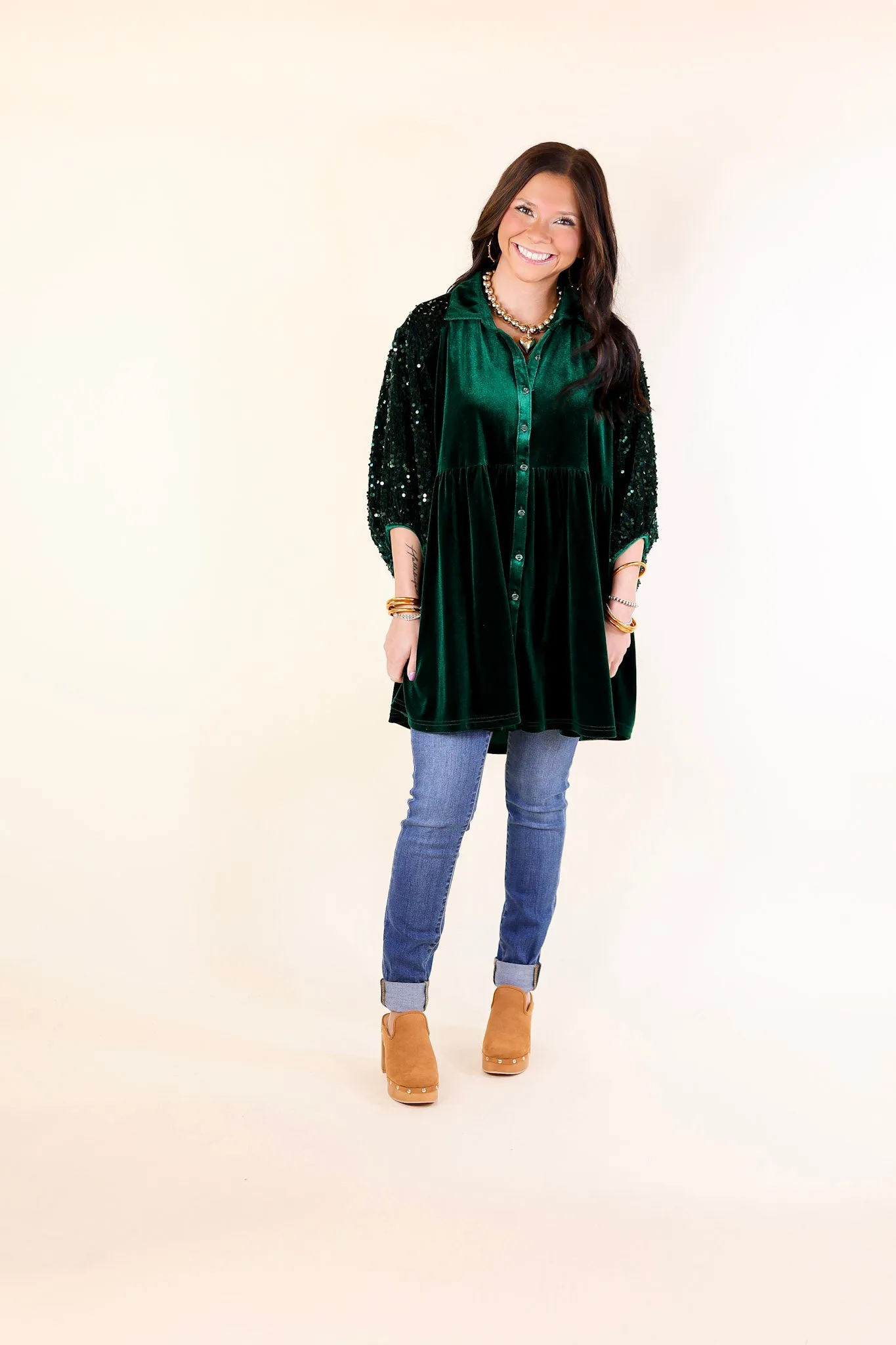 Love Link Button Up Velvet and Sequin Half Sleeve Babydoll Tunic Top in Hunter Green