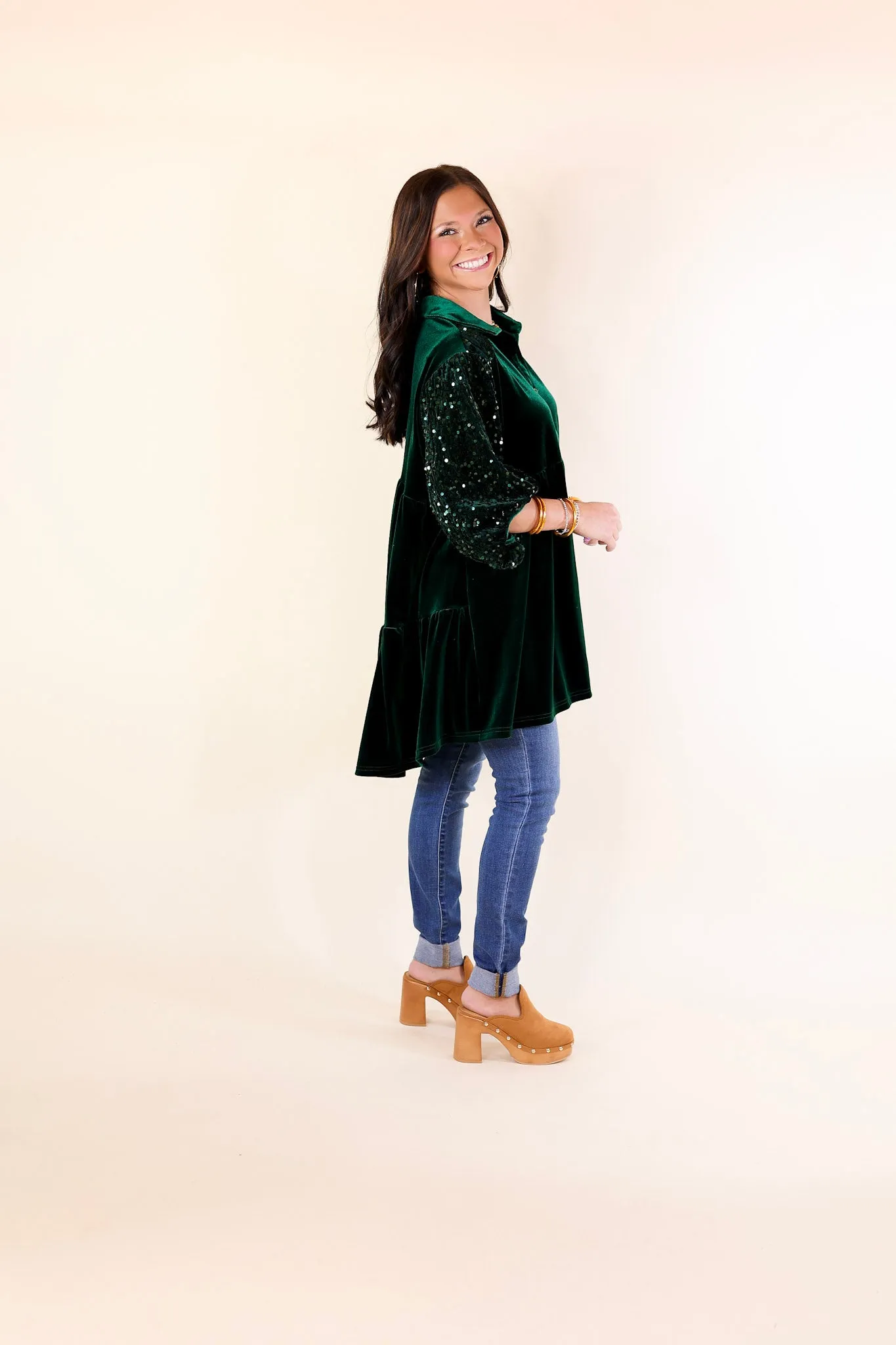 Love Link Button Up Velvet and Sequin Half Sleeve Babydoll Tunic Top in Hunter Green