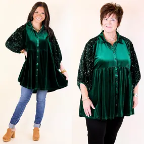 Love Link Button Up Velvet and Sequin Half Sleeve Babydoll Tunic Top in Hunter Green