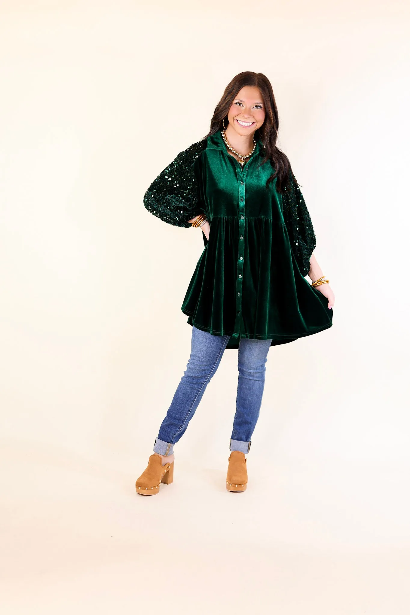 Love Link Button Up Velvet and Sequin Half Sleeve Babydoll Tunic Top in Hunter Green