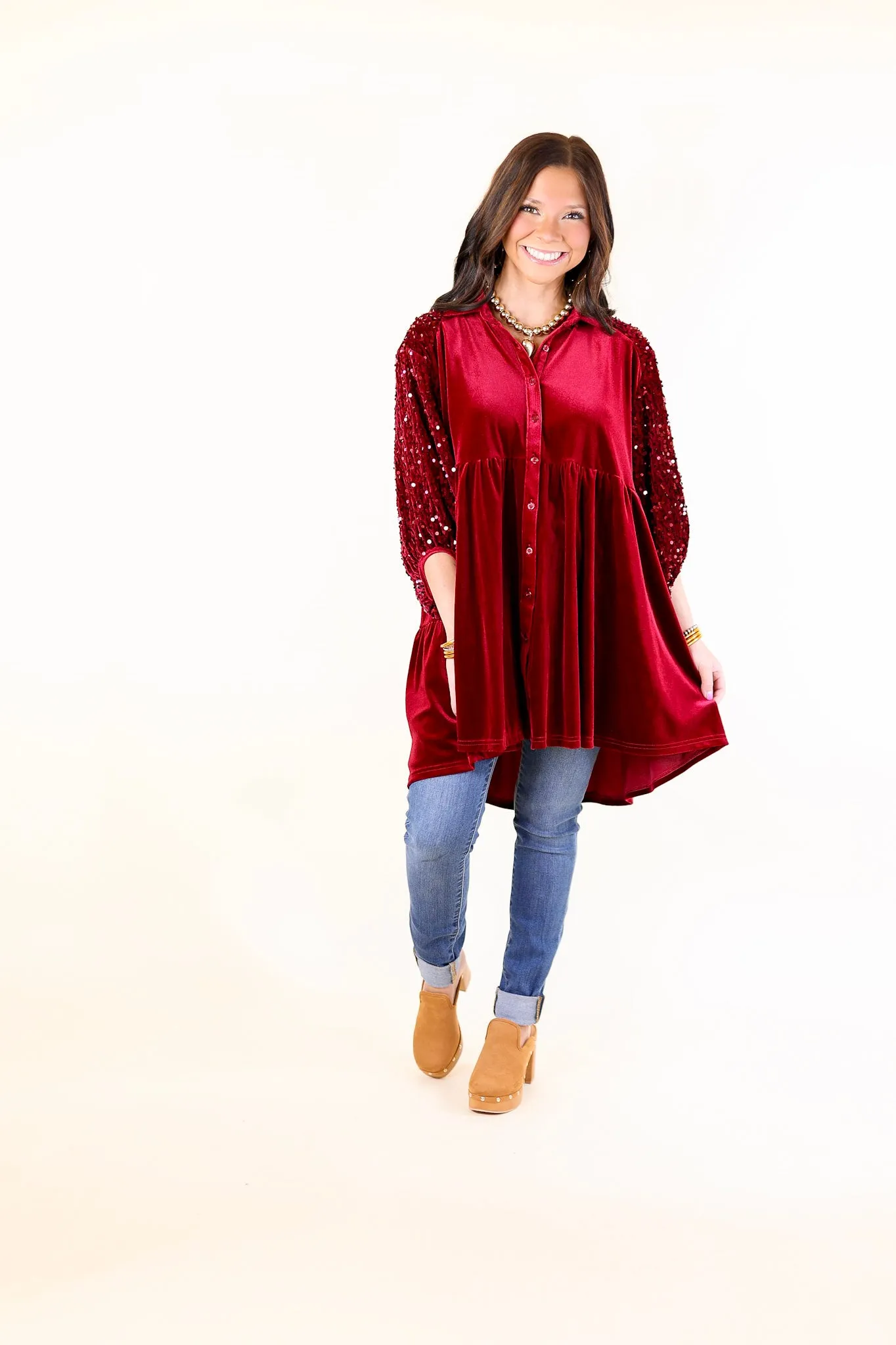 Love Link Button Up Velvet and Sequin Half Sleeve Babydoll Tunic Top in Wine Red