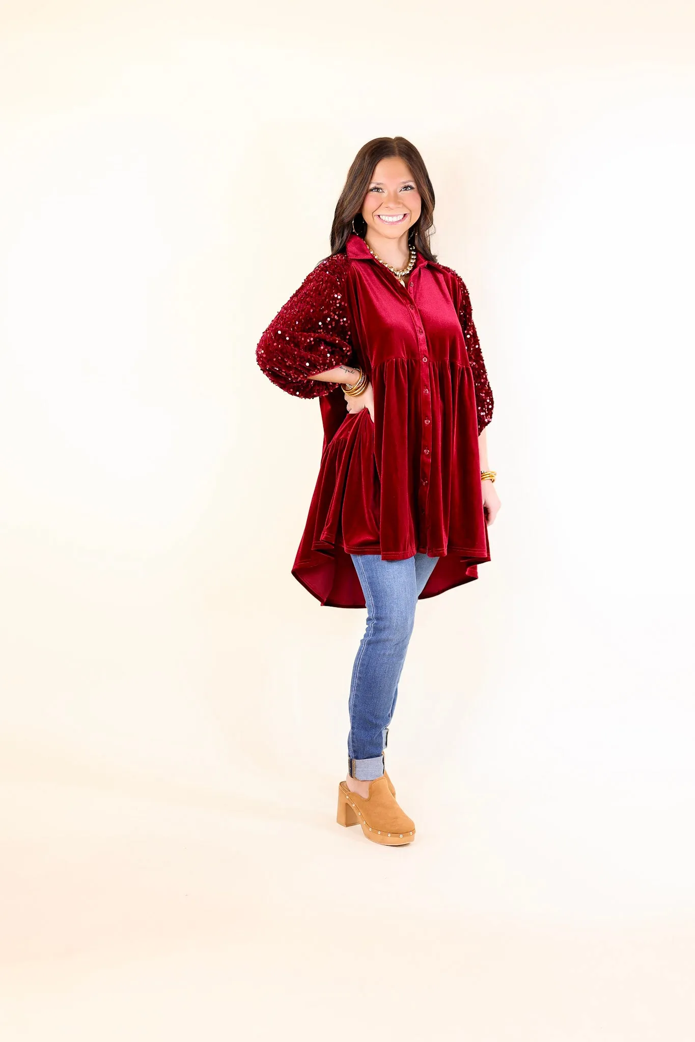 Love Link Button Up Velvet and Sequin Half Sleeve Babydoll Tunic Top in Wine Red