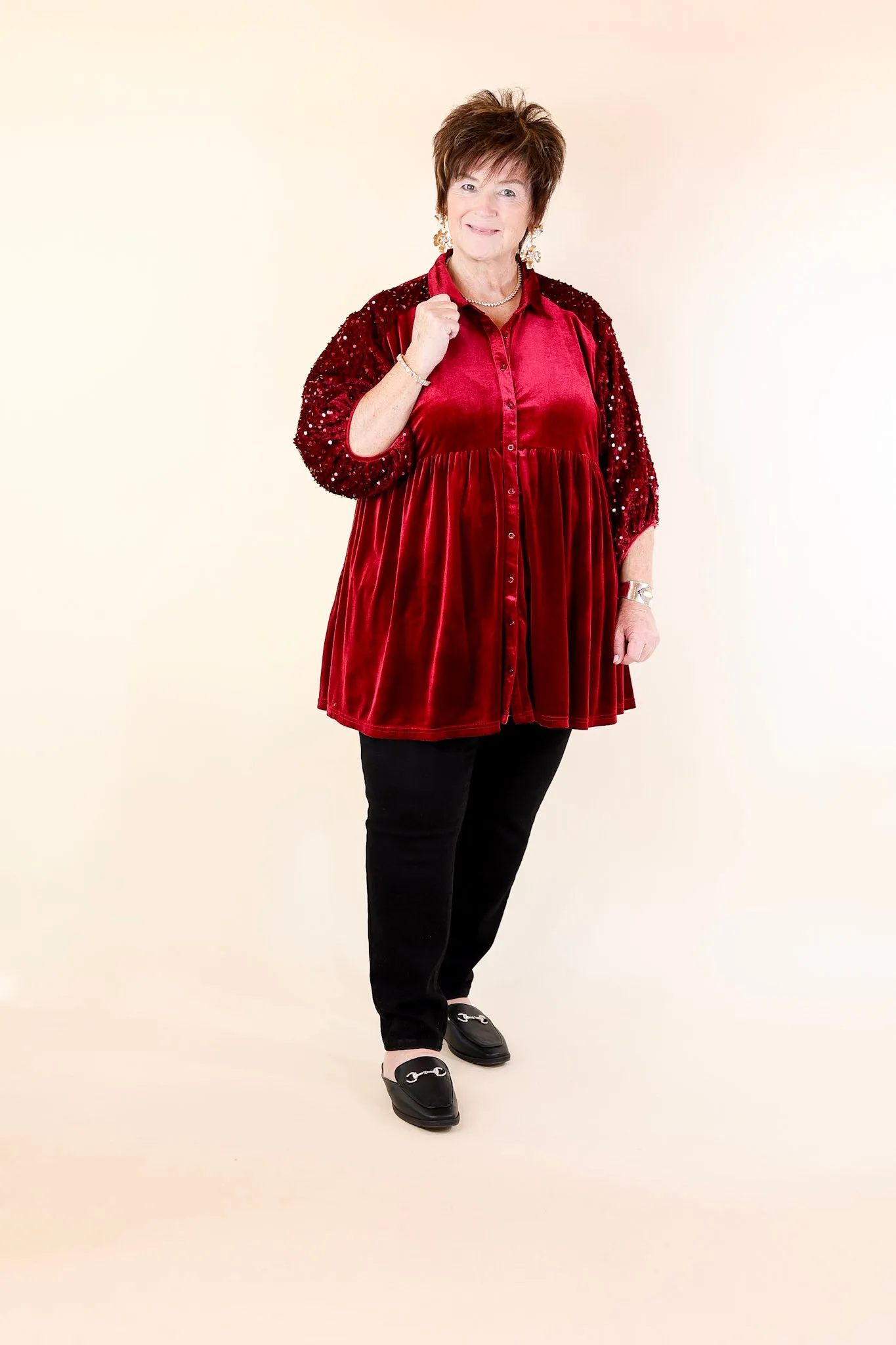 Love Link Button Up Velvet and Sequin Half Sleeve Babydoll Tunic Top in Wine Red