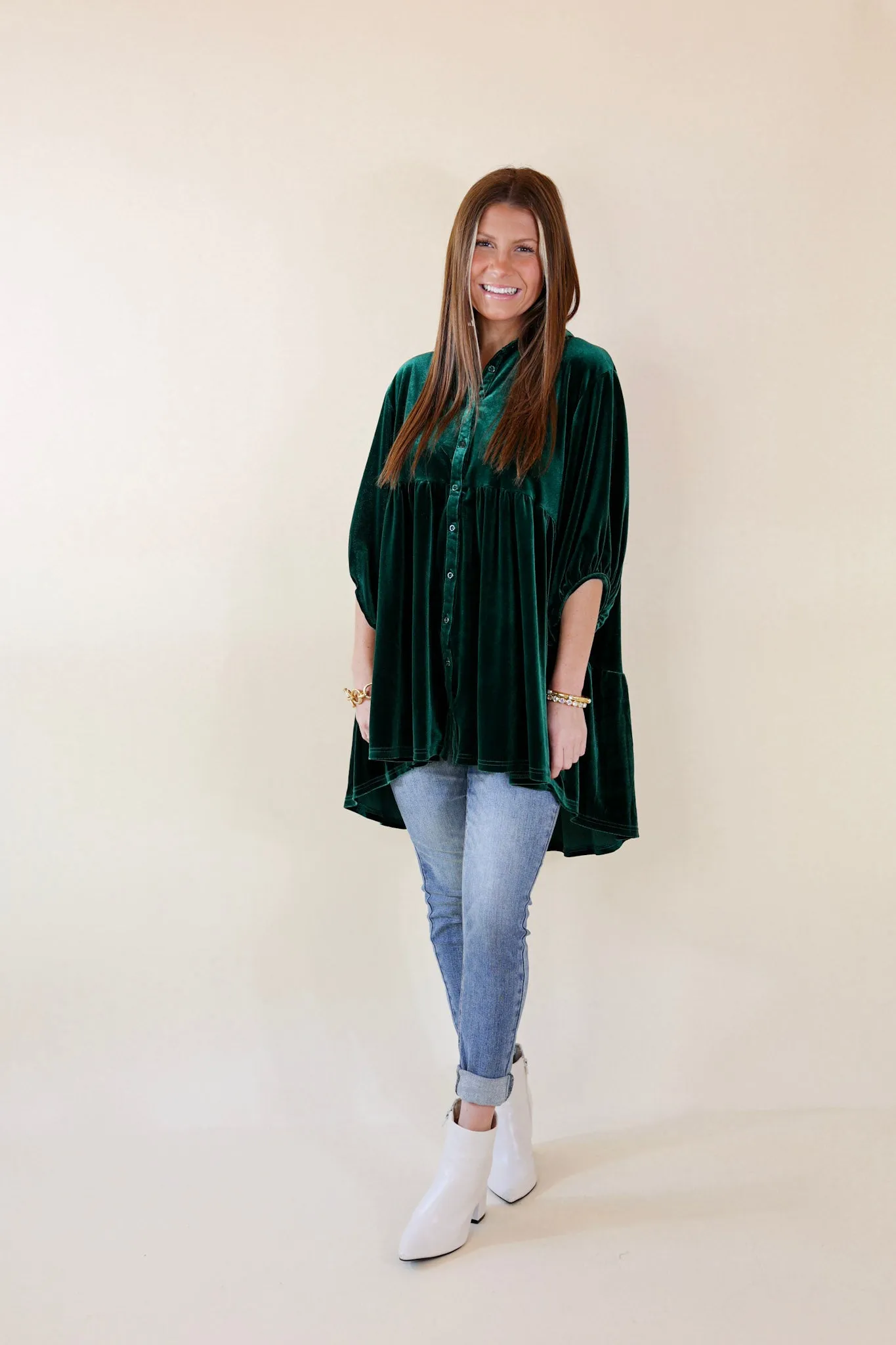 Love Link Button Up Velvet Half Sleeve Babydoll Tunic Top in Emerald Green