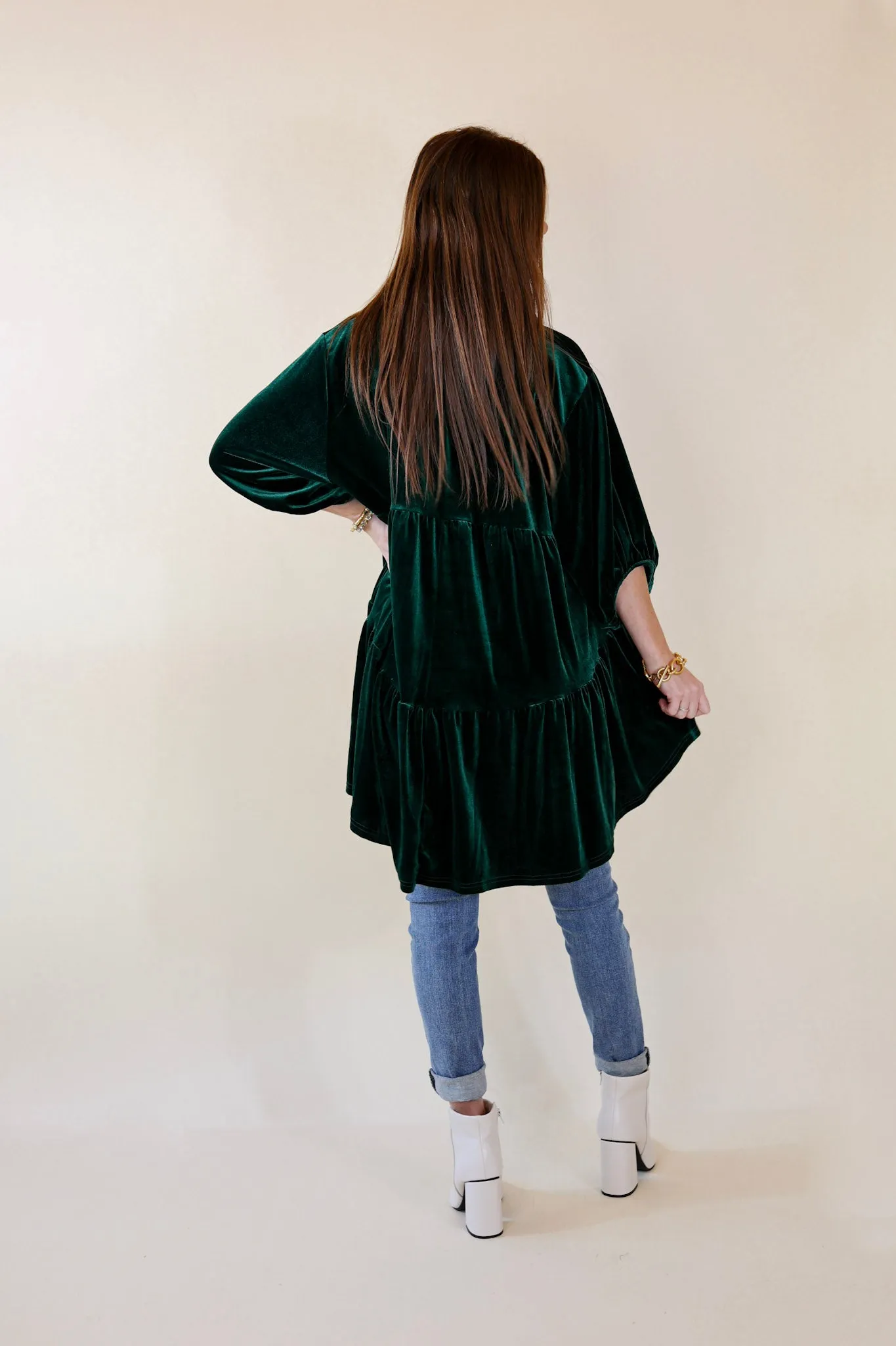 Love Link Button Up Velvet Half Sleeve Babydoll Tunic Top in Emerald Green