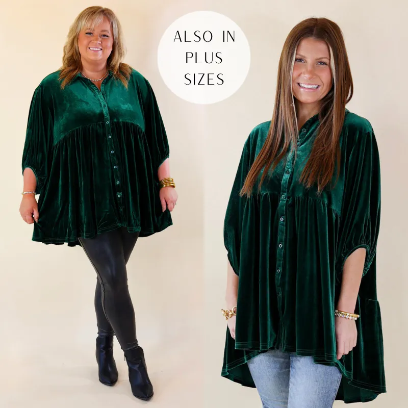 Love Link Button Up Velvet Half Sleeve Babydoll Tunic Top in Emerald Green