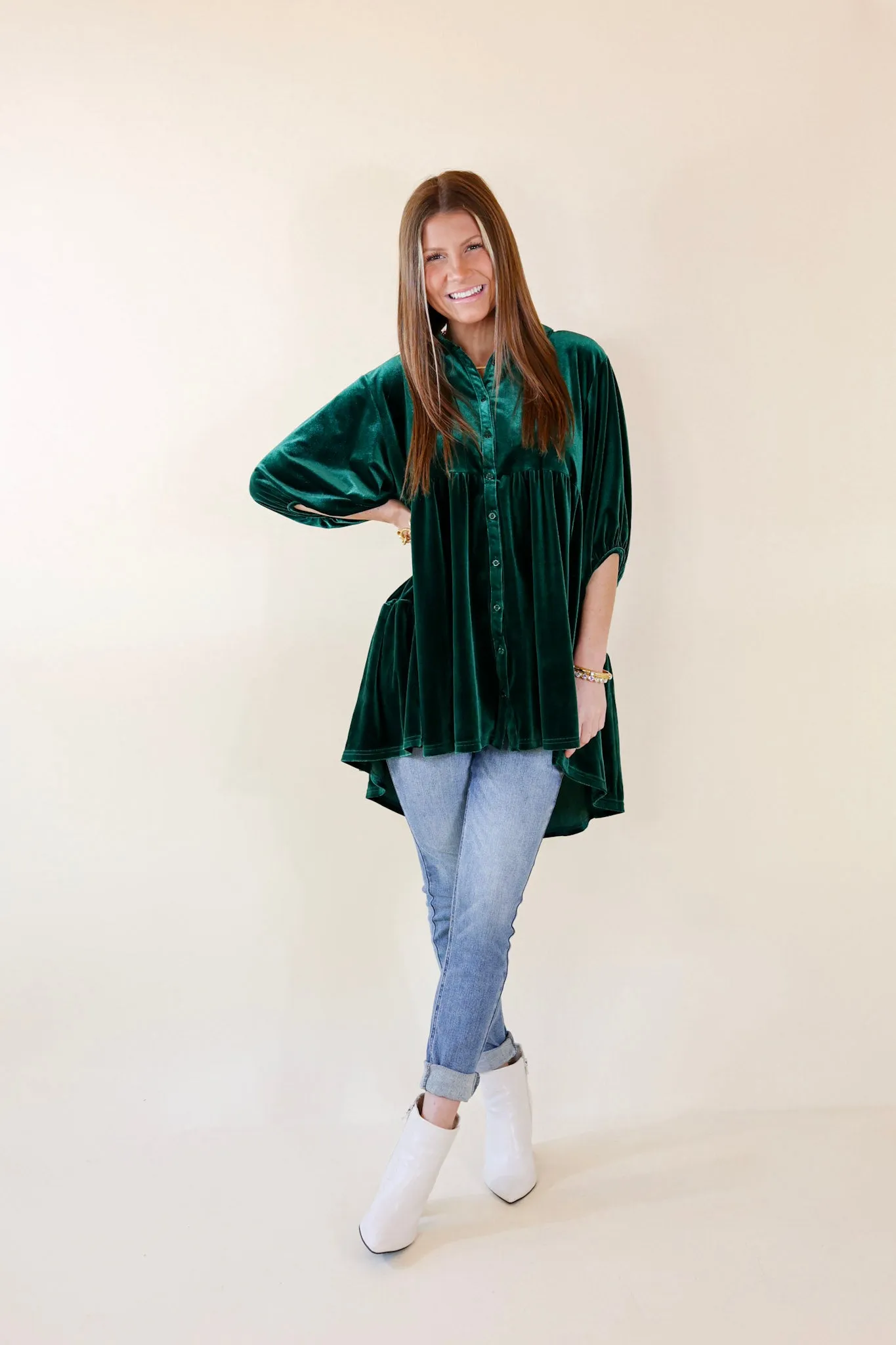 Love Link Button Up Velvet Half Sleeve Babydoll Tunic Top in Emerald Green