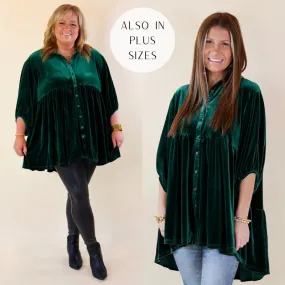 Love Link Button Up Velvet Half Sleeve Babydoll Tunic Top in Emerald Green