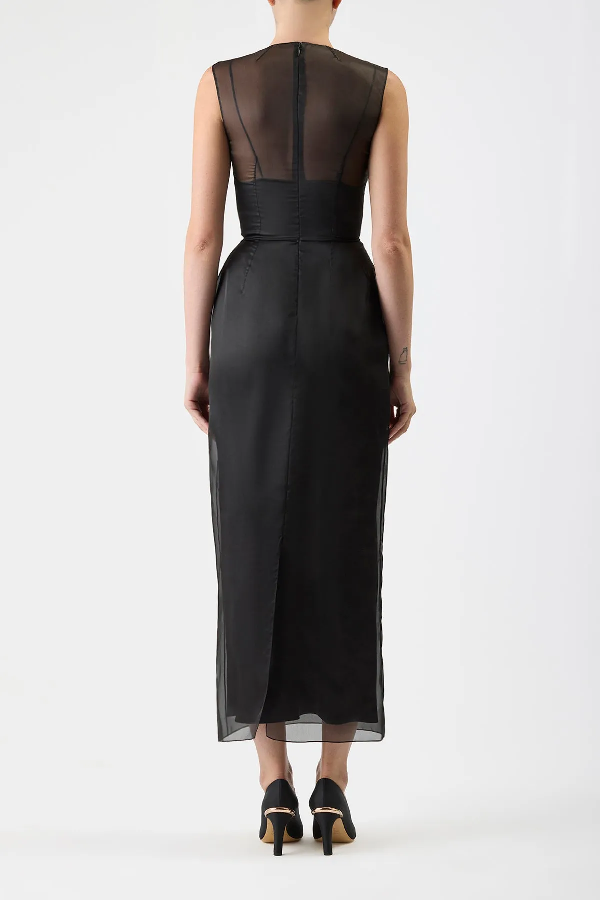 Maslow Sheer Maxi Dress with Slip in Black Silk Organza