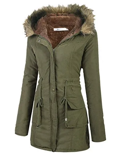 Meaneor Womens Hooded Warm Winter Faux Fur Lined Parkas Long Coats, Army Green, L