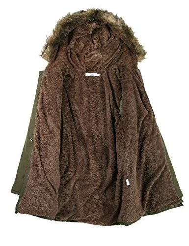 Meaneor Womens Hooded Warm Winter Faux Fur Lined Parkas Long Coats, Army Green, L