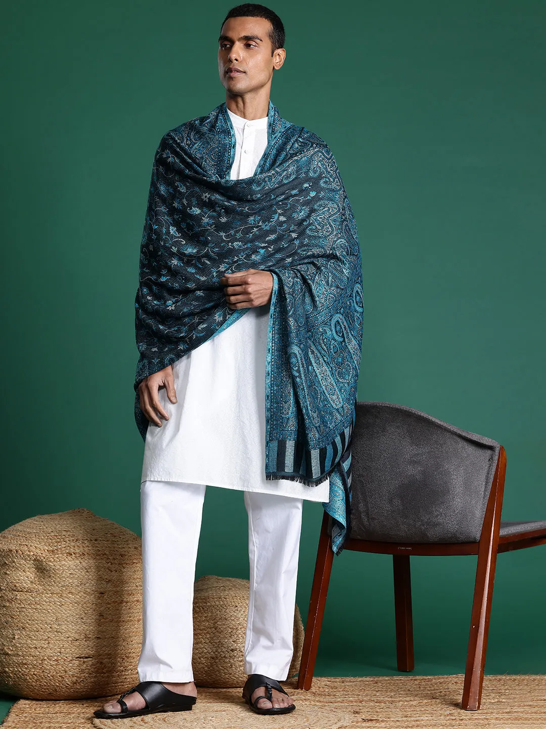 Men Black Ethnic Motifs Woven Design Jamawar Shawl