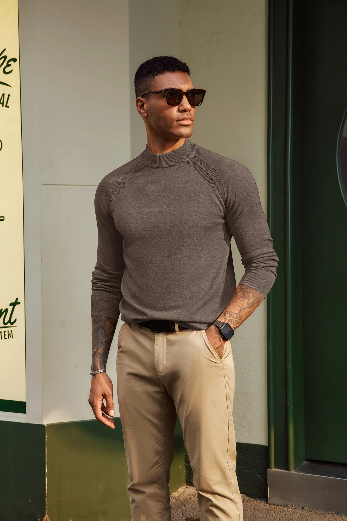 Men Half High-Neck Sweater Long Raglan Sleeve Ribbed Cuff Pullover Knitwear