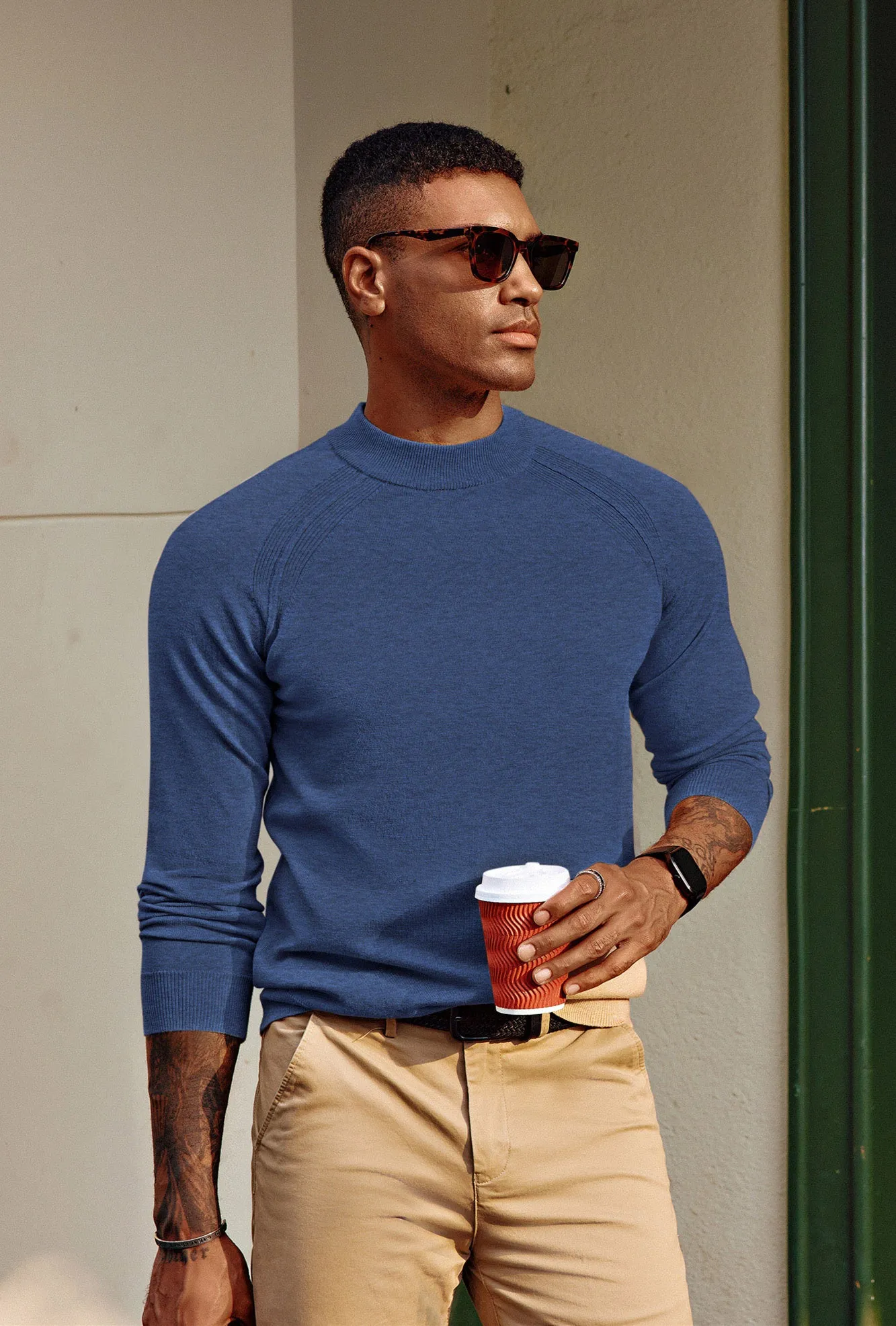 Men Half High-Neck Sweater Long Raglan Sleeve Ribbed Cuff Pullover Knitwear