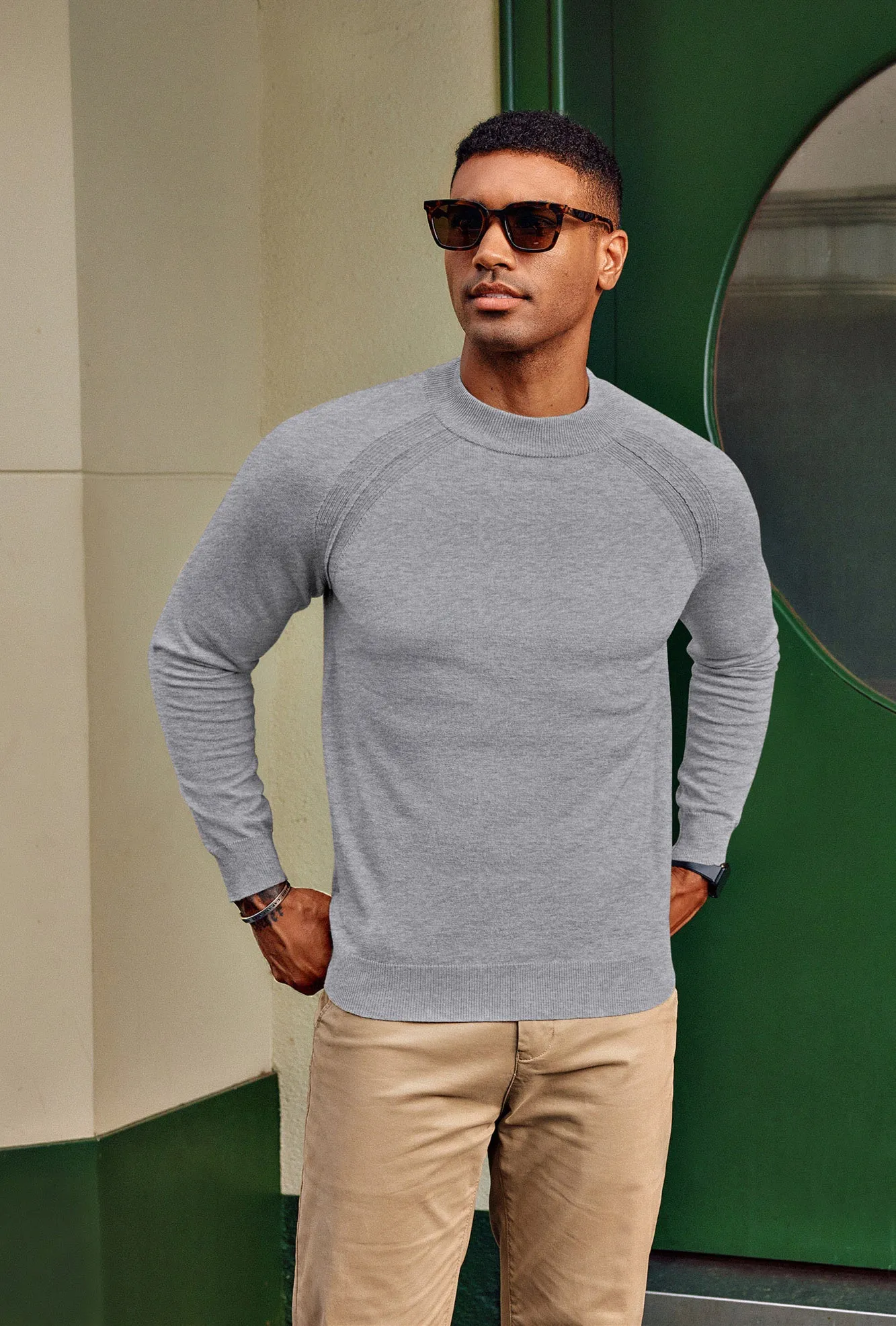 Men Half High-Neck Sweater Long Raglan Sleeve Ribbed Cuff Pullover Knitwear