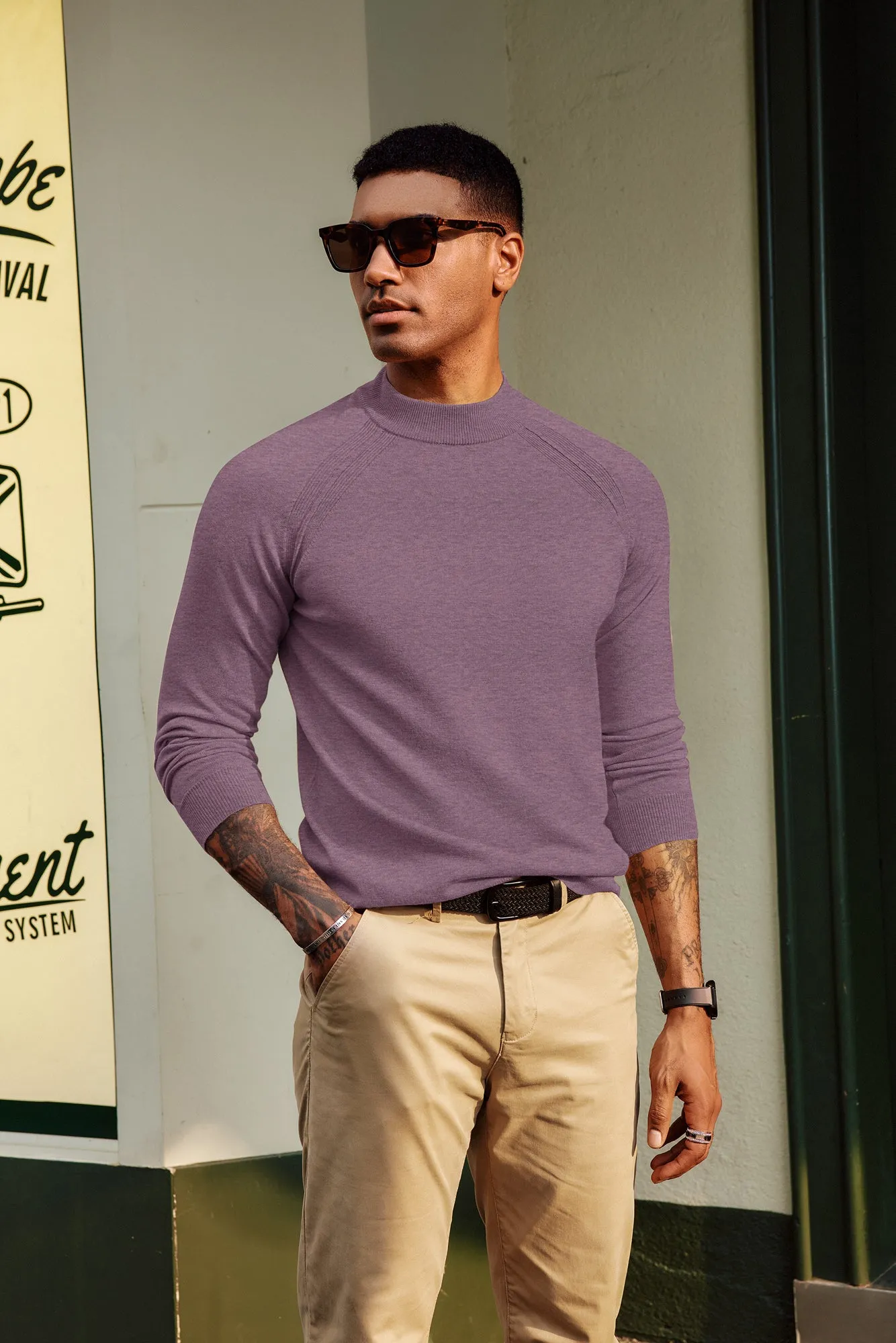 Men Half High-Neck Sweater Long Raglan Sleeve Ribbed Cuff Pullover Knitwear