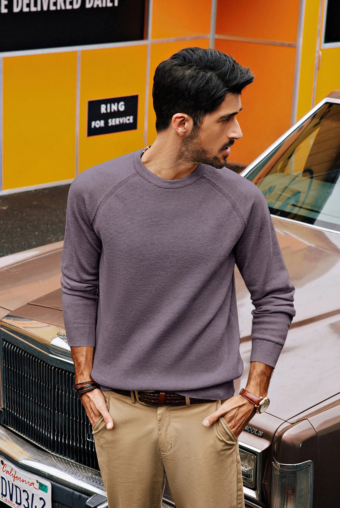 Men Waffle Textured Sweater Long Raglan Sleeve Crew Neck Pullover Knitwear