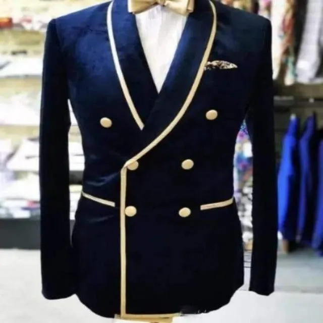 Men wear Custom-Made Double Breasted Shawl Collar Navy Velvet Men Suit