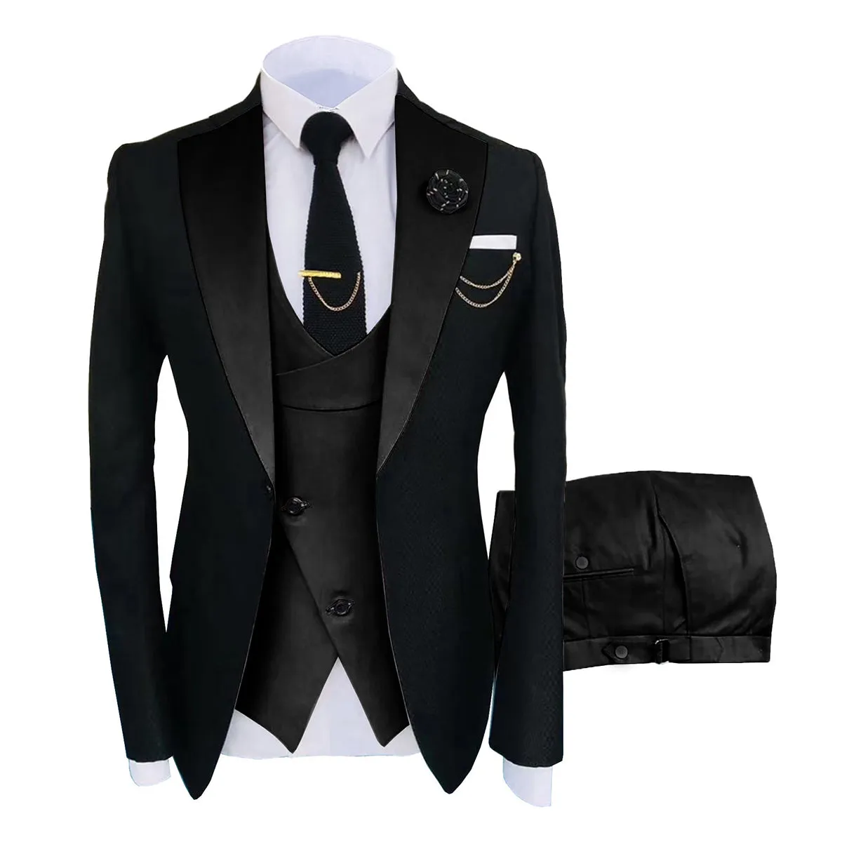 Men's 3-Piece Fashion One Button Color-Blocking Suit Black