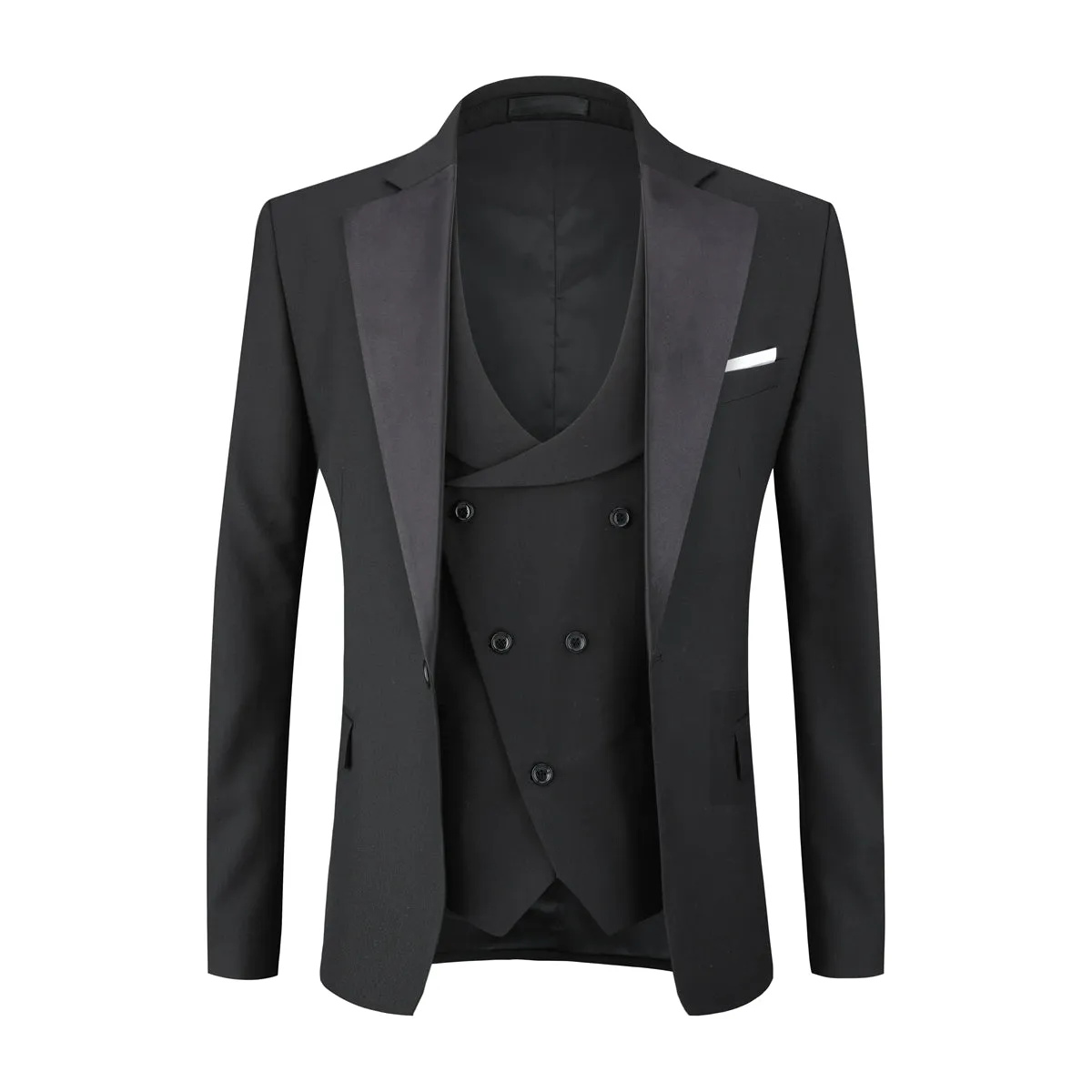 Men's 3-Piece Fashion One Button Color-Blocking Suit Black