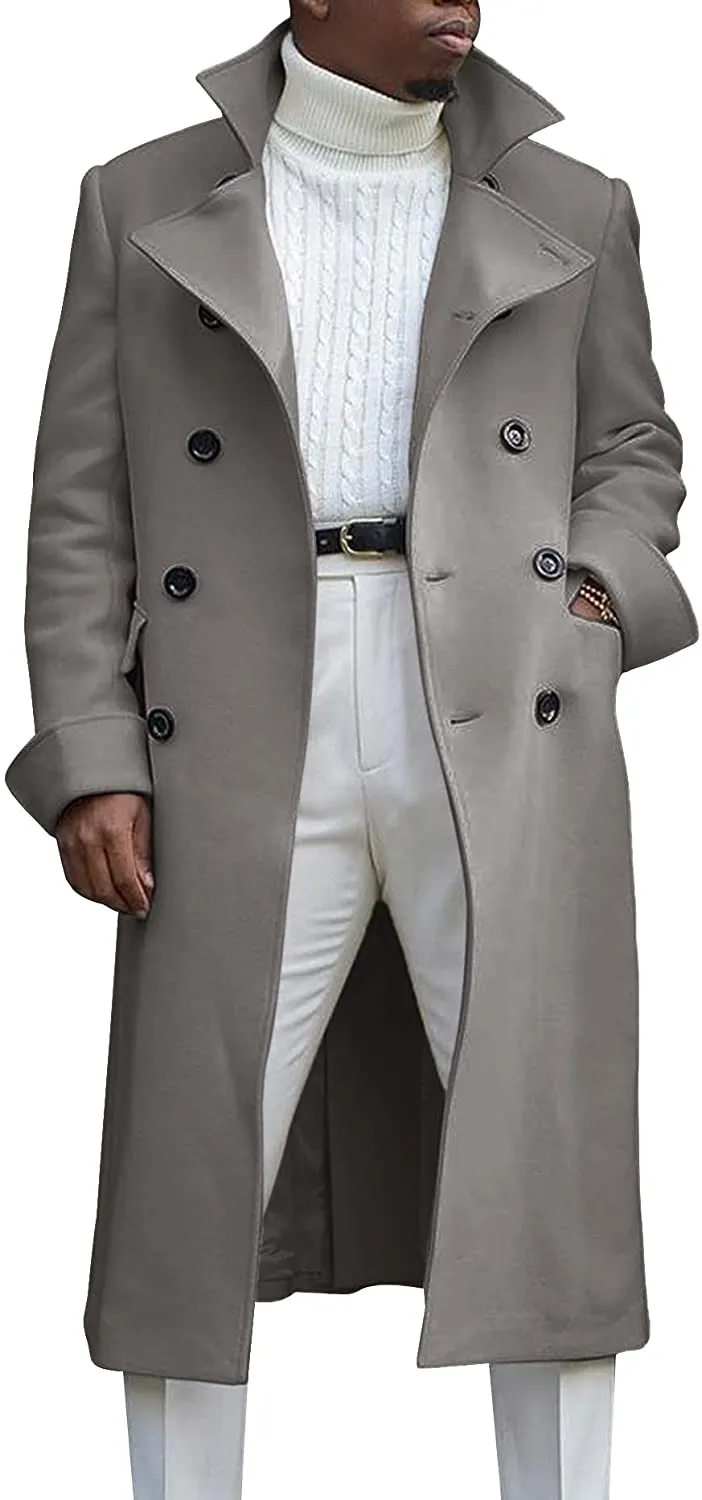 Men's Notch Lapel Double Breasted Long Sleeve Black Trench Coat