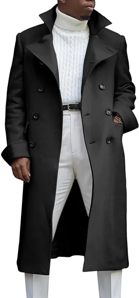 Men's Notch Lapel Double Breasted Long Sleeve Black Trench Coat