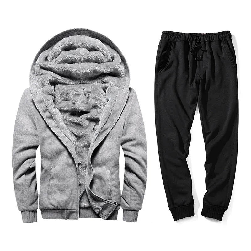 Men's Winter Thickened Velvet Cardigan Hoodies Joggers Two-Piece Set