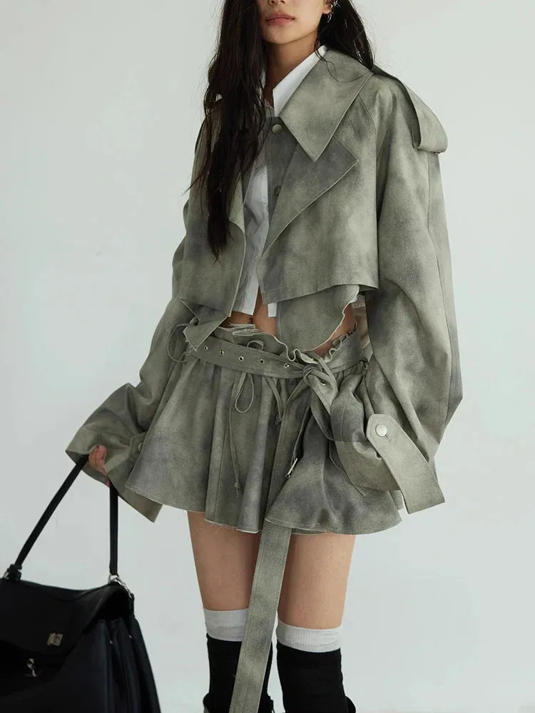 Metaversmall Solid Streetwear Two Piece Sets For Women Lapel Long Sleeves Short Coat Spliced Belt Mini Skirt Deaigner Set Female