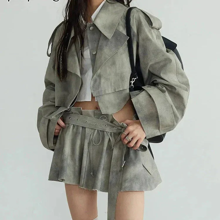 Metaversmall Solid Streetwear Two Piece Sets For Women Lapel Long Sleeves Short Coat Spliced Belt Mini Skirt Deaigner Set Female