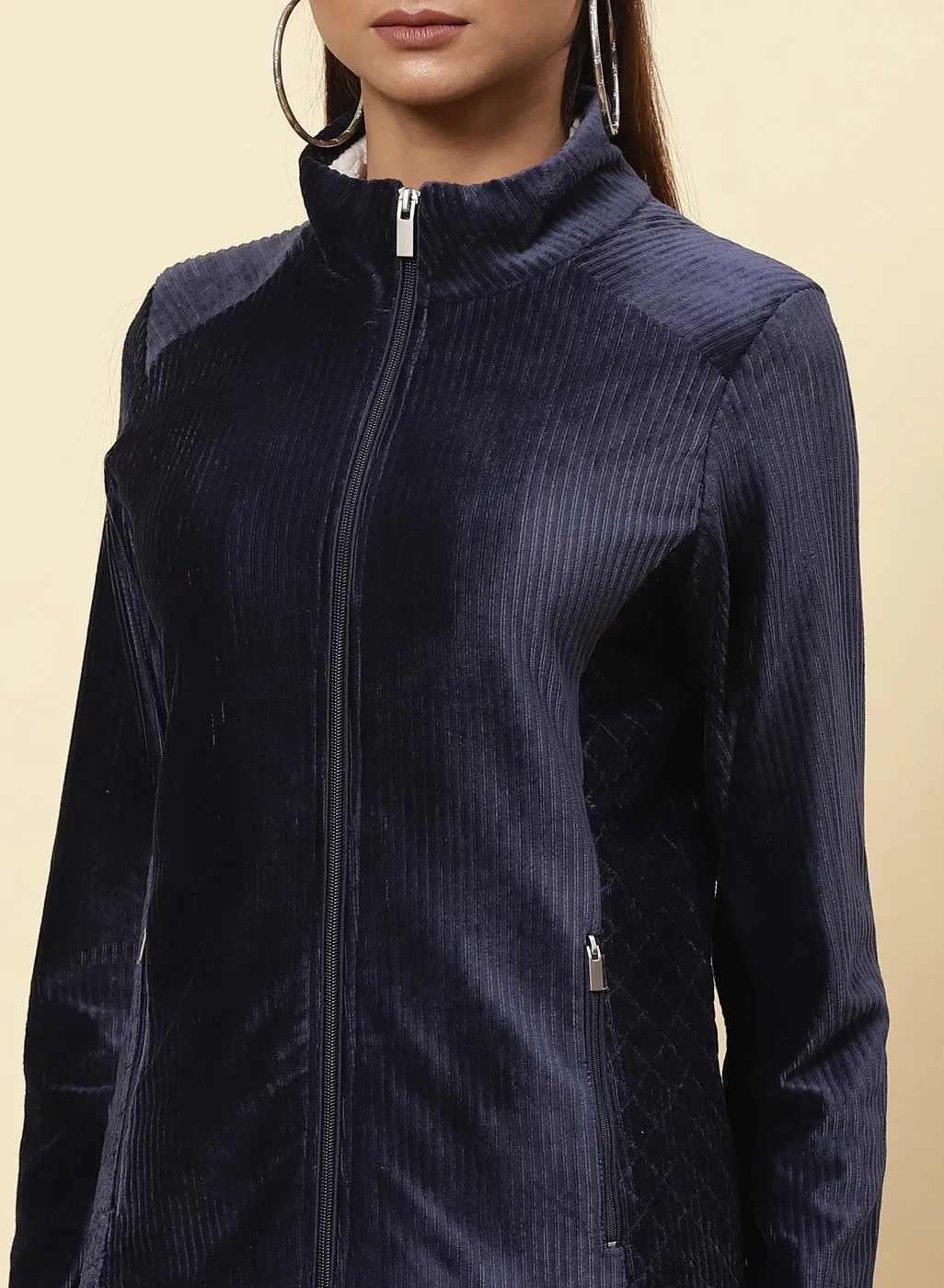 Midnight Blue Velvet Zipper Jacket