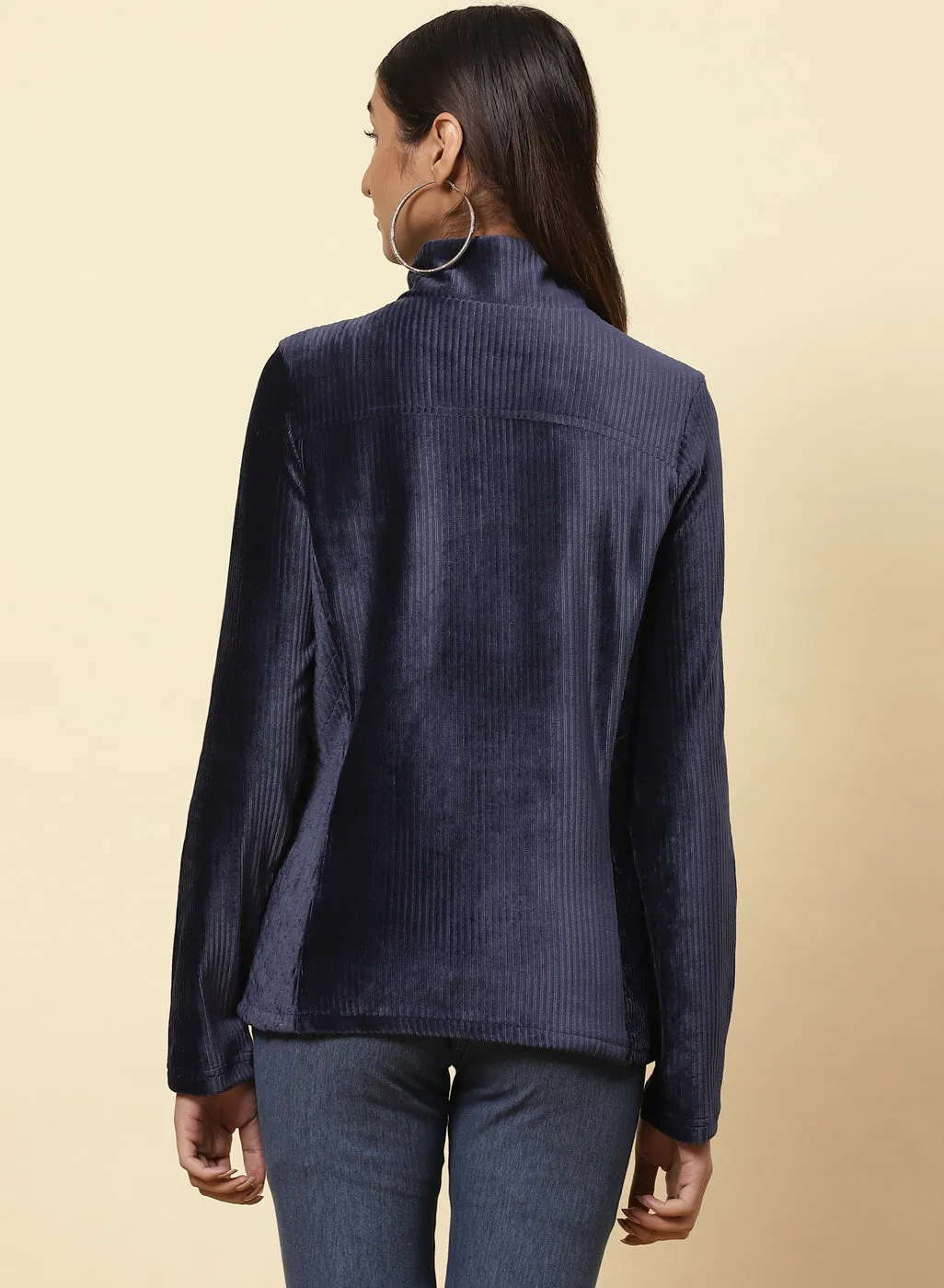 Midnight Blue Velvet Zipper Jacket