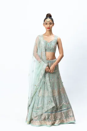 Mint Green Hand-embroidered Lehenga paired with Hand-embroidered Blouse, Hand-embroidered Dupatta and Hand-embroidered Jacket with Buttis