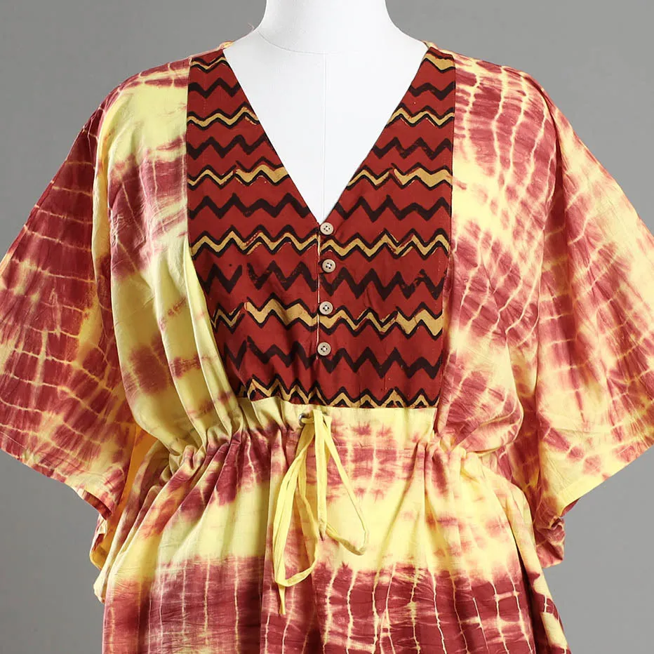 Multicolor - Shibori Tie-Dye Cotton Kaftan with Tie-Up Waist (Medium)