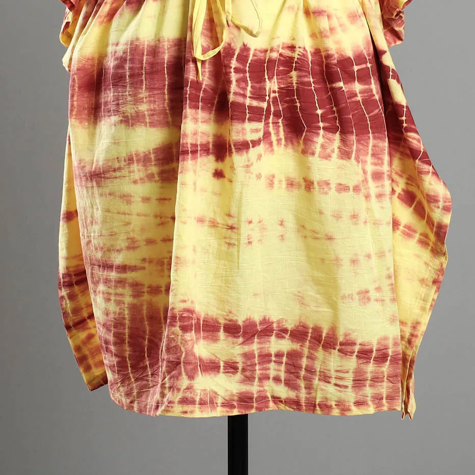 Multicolor - Shibori Tie-Dye Cotton Kaftan with Tie-Up Waist (Medium)