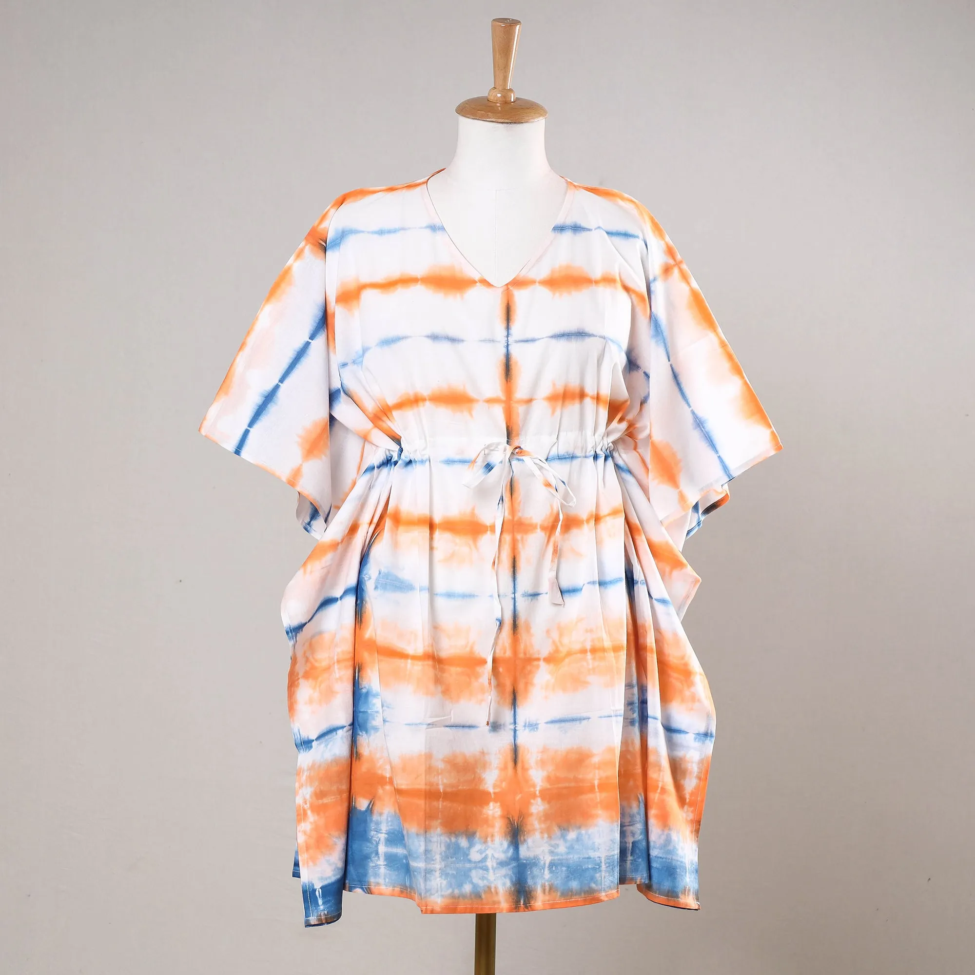 Multicolor - Shibori Tie-Dye Cotton Kaftan with Tie-Up Waist (Short)