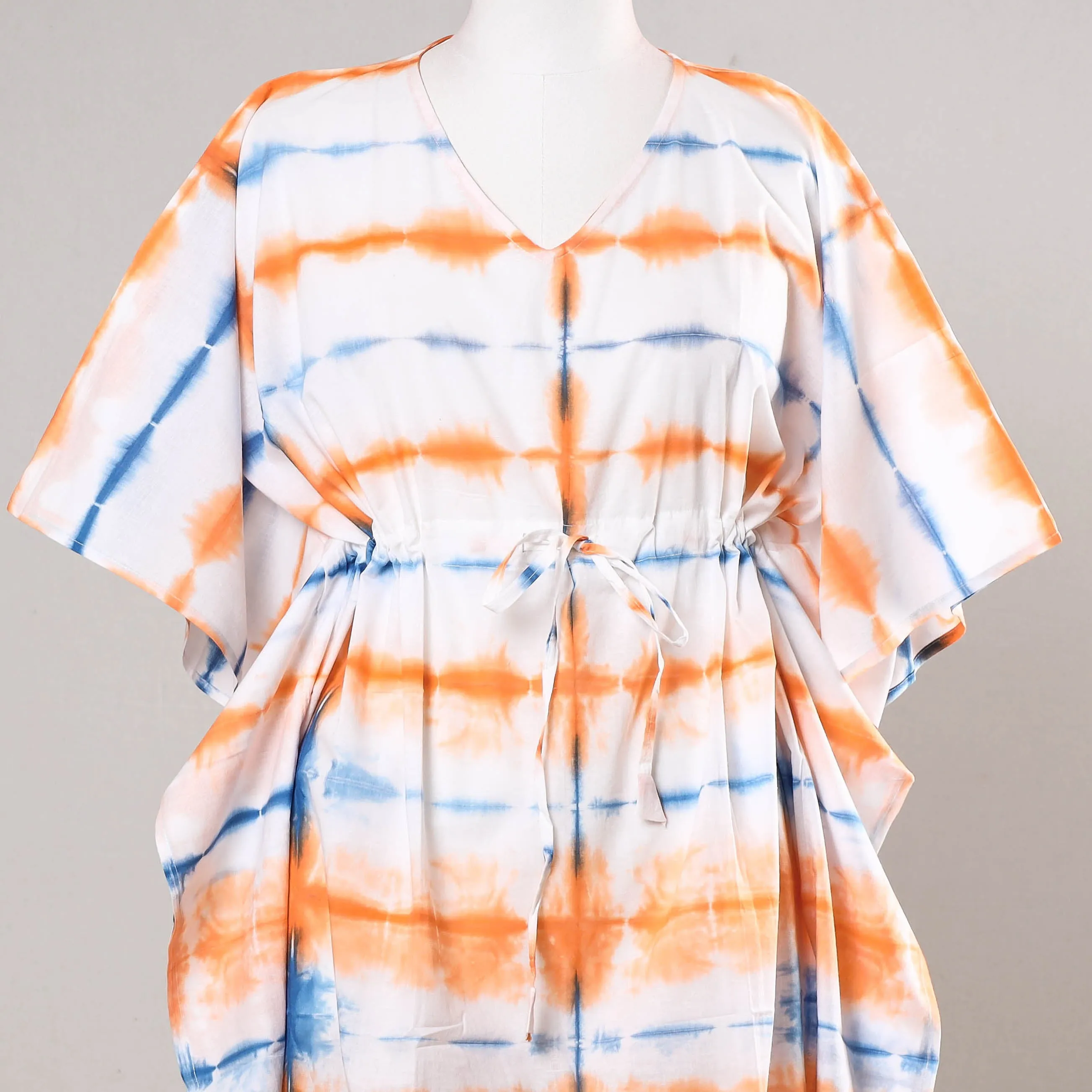 Multicolor - Shibori Tie-Dye Cotton Kaftan with Tie-Up Waist (Short)