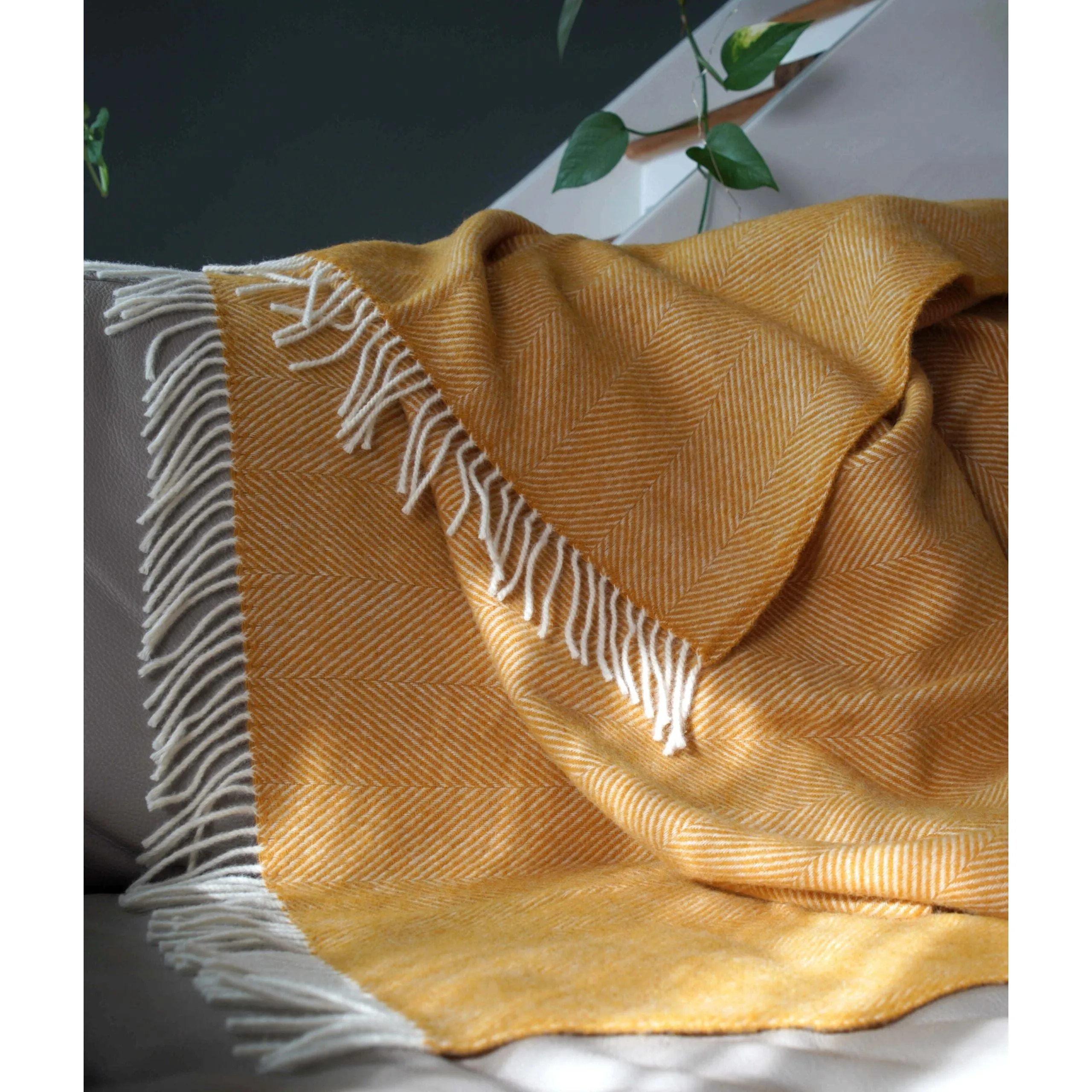 Mustard Yellow and White Pure New Wool Herringbone Dani Throw (190cm x 130cm)